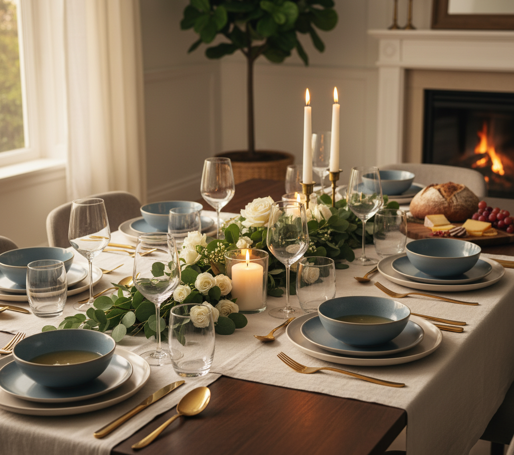 Mesa de jantar elegantemente posta com louças e talheres.