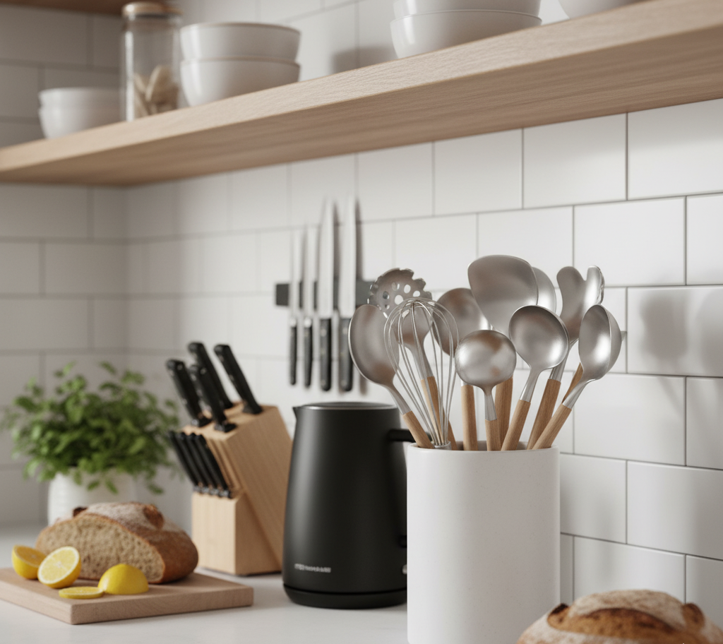 Utensílios de cozinha modernos e organizados.